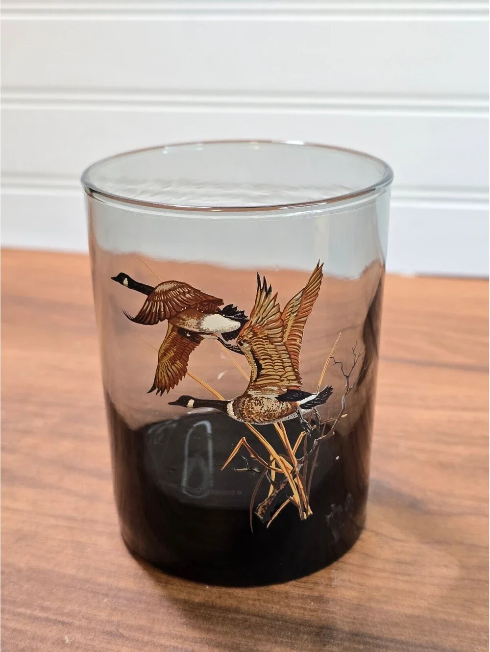 Vintage 1970s Smoked Glass Game Bird Tumblers 4 Pc Duck Pheasant Lowball